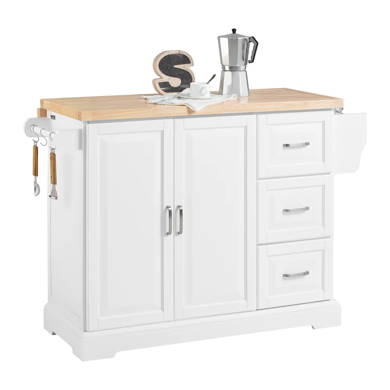 SoBuy FKW41-II-WN Ìlot Central de Cuisine Mobile avec Plan Extensible +25 cm – 3 Tiroirs, Armoire, Porte-Serviettes, 4 Roulettes, Blanc et Bois Naturel