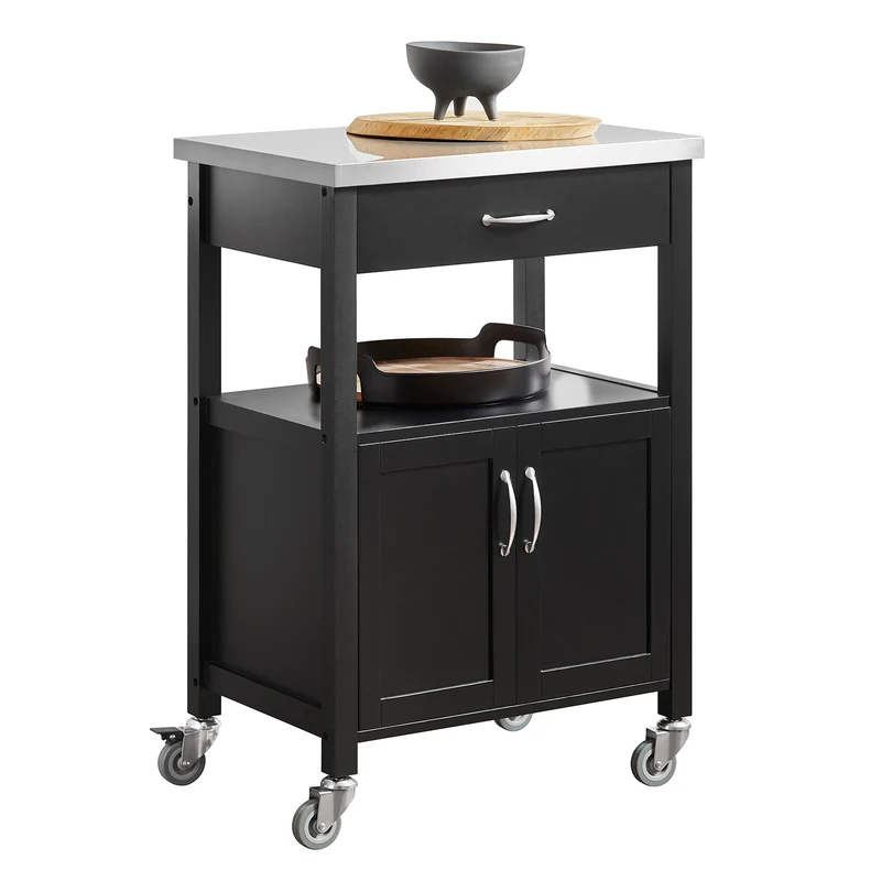 SoBuy FKW22-SCH Desserte de Cuisine à Roulettes avec Plan de Travail INOX, 1 Tiroir, 1 Étagère et 2 Portes, Chariot Multifonction – 60x45x92 cm, Noir