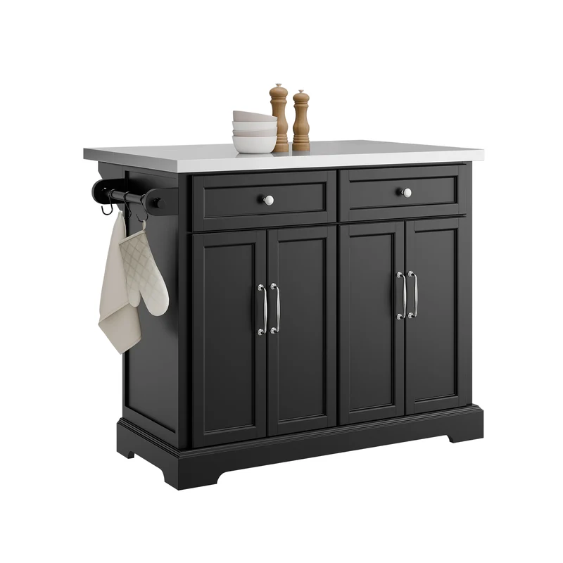 SoBuy FKW71-II-SCH Ìlot Central de Cuisine Mobile avec Plan Extensible +25 cm – 4 Roulettes 360°, Double Porte, Étagères Réglables, 100 kg, Noir