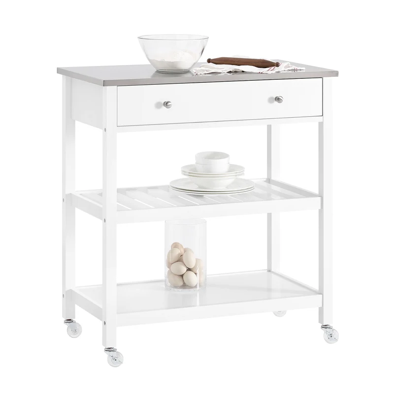 SoBuy FKW47-II-W Desserte de Cuisine à Roulettes – Plateau INOX, 1 Tiroir, 2 Étagères, Blanc