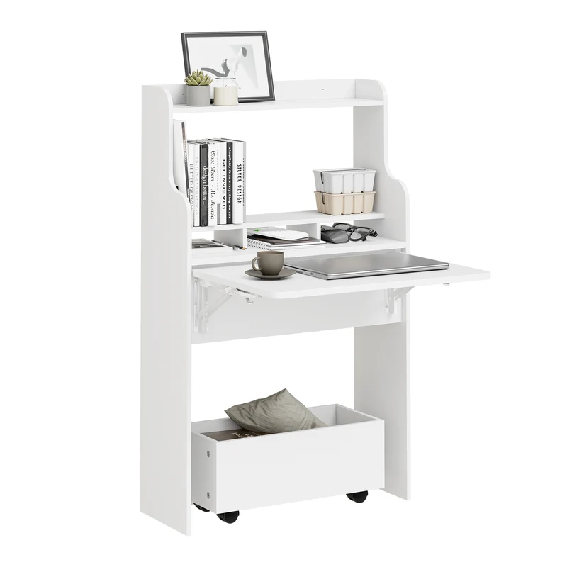 SoBuy FWT105-II-W Bureau Rabattable Ultra-fin 25 cm avec Étagères et Boîte Coulissante à Roulettes – Blanc, 64×25×100,6 cm