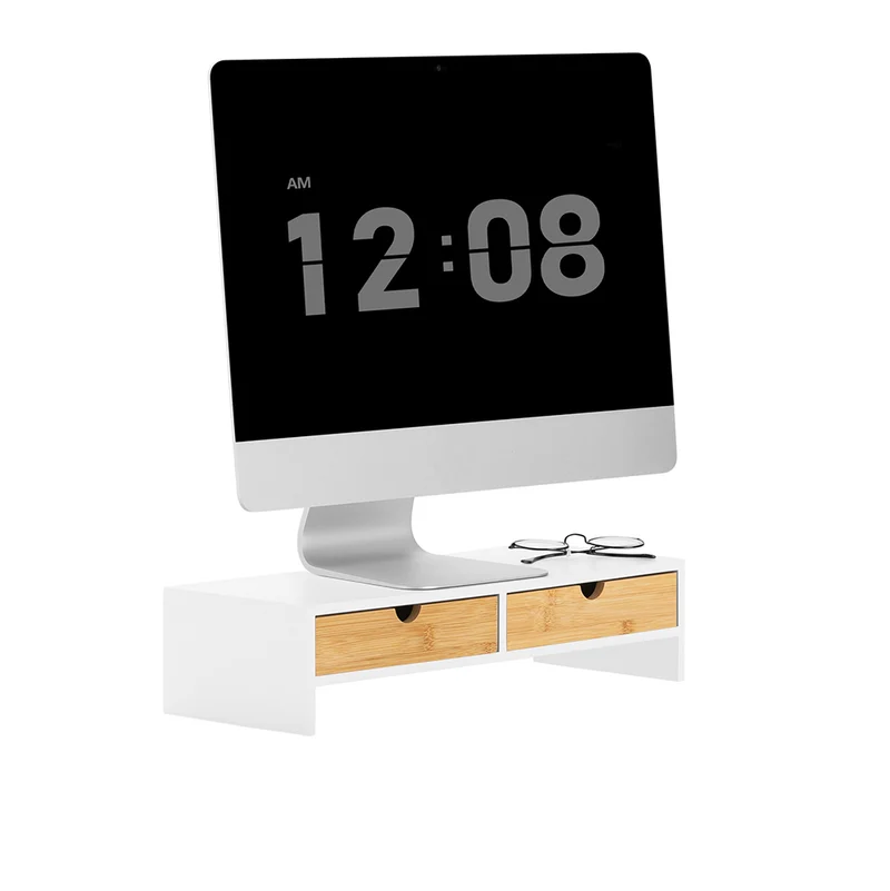 SoBuy BBF02-WN Support Écran PC avec 2 Tiroirs, Rangement Optimisé, Design Fonctionnel, Usage Quotidien, Format Pratique – L47×P18×H11 cm, Blanc et Naturel