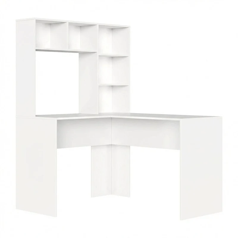 Bureau d'angle Blanc NARVIK 108x125x153 : Rangements intégrés & Blocs Prises