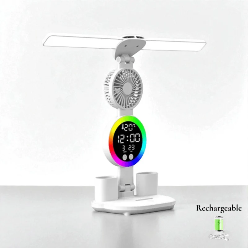 Lampe de Bureau LED Multifonction Avec Ventilateur et Horloge